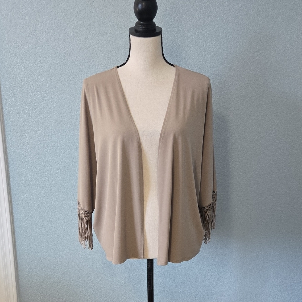 CHICO'S EASYWEAR Open Front Cardigan Dolman Sleeves Fringed Sleeve Taupe Sz 3/XL